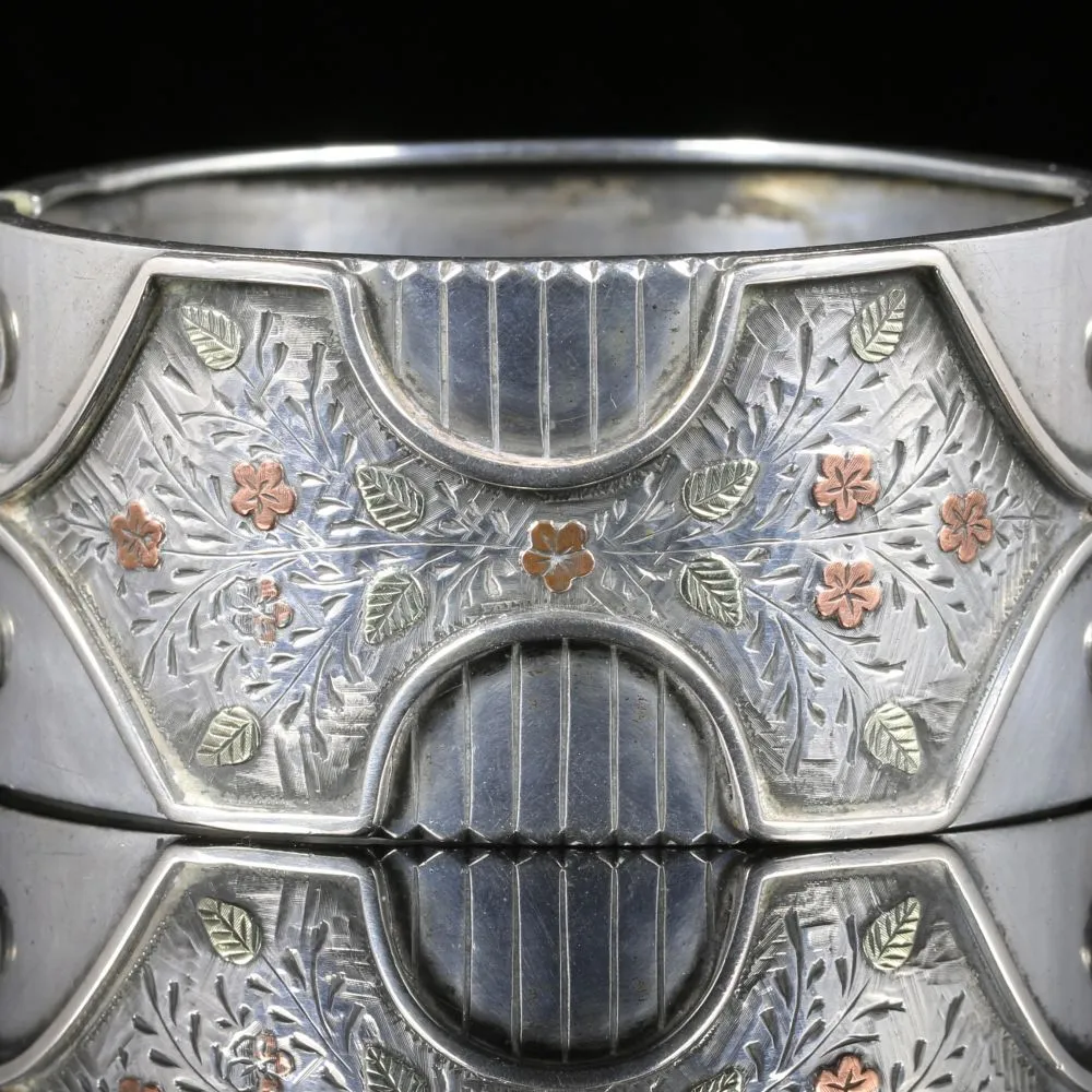 Antique Victorian Silver Gold Bangle Forget Me Not Circa 1880