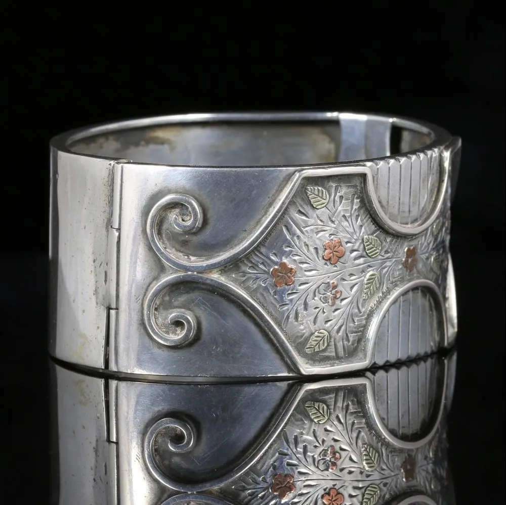 Antique Victorian Silver Gold Bangle Forget Me Not Circa 1880