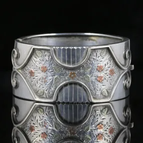 Antique Victorian Silver Gold Bangle Forget Me Not Circa 1880