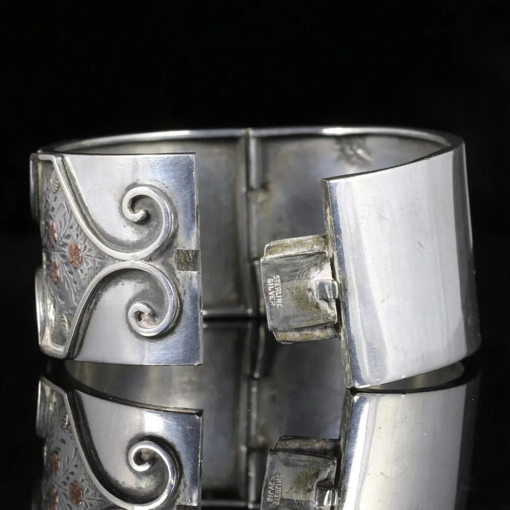 Antique Victorian Silver Gold Bangle Forget Me Not Circa 1880