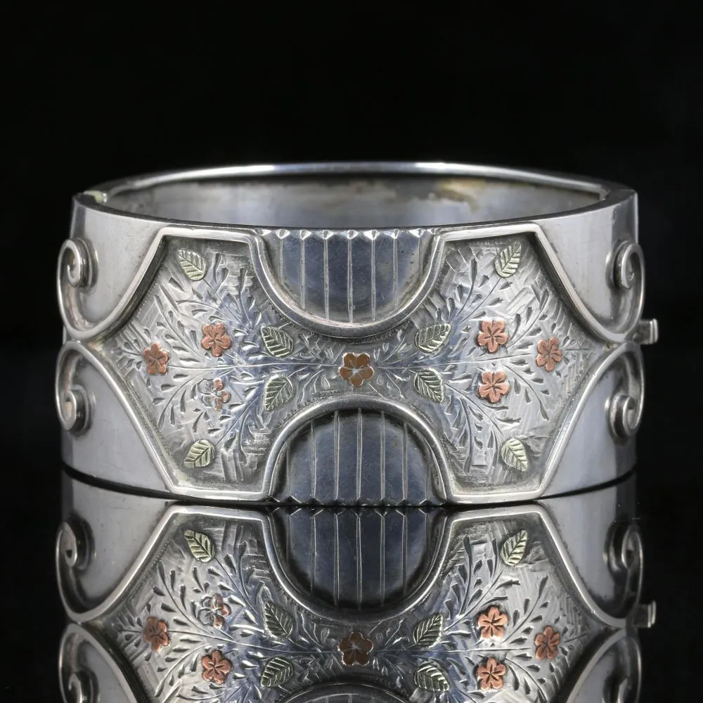 Antique Victorian Silver Gold Bangle Forget Me Not Circa 1880
