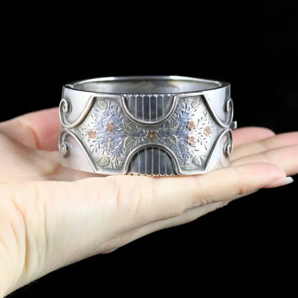 Antique Victorian Silver Gold Bangle Forget Me Not Circa 1880