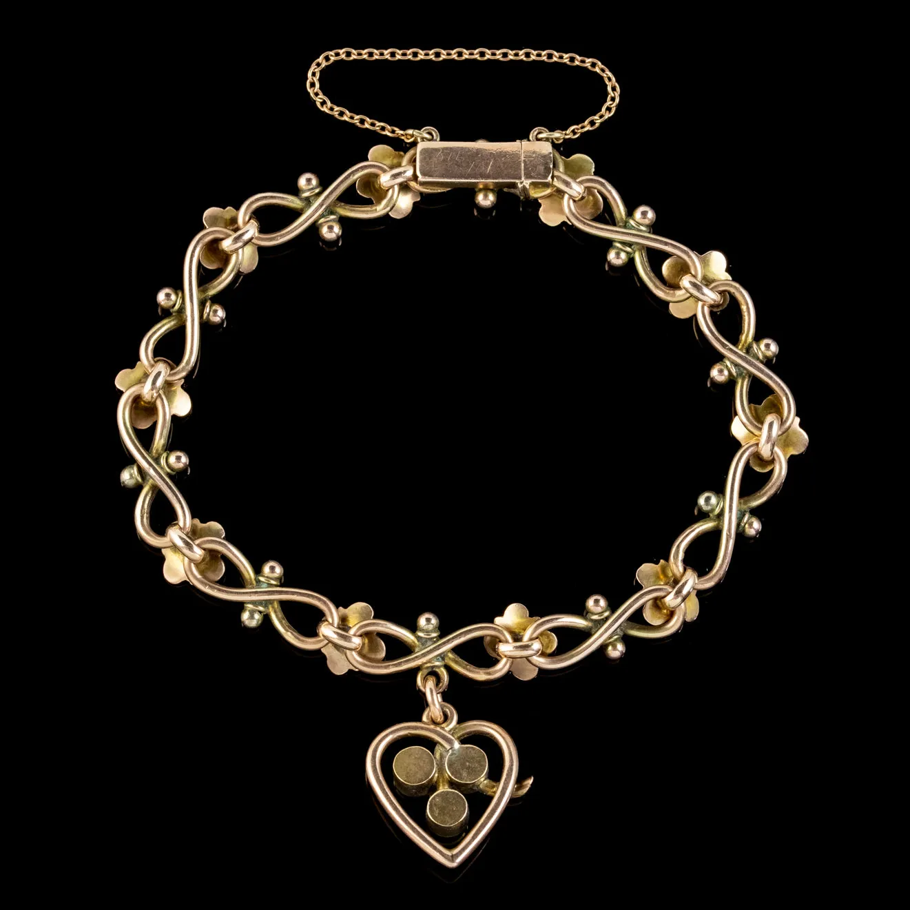 Antique Victorian Turquoise Heart Forget Me Not Bracelet 9ct Gold With Box Circa 1880