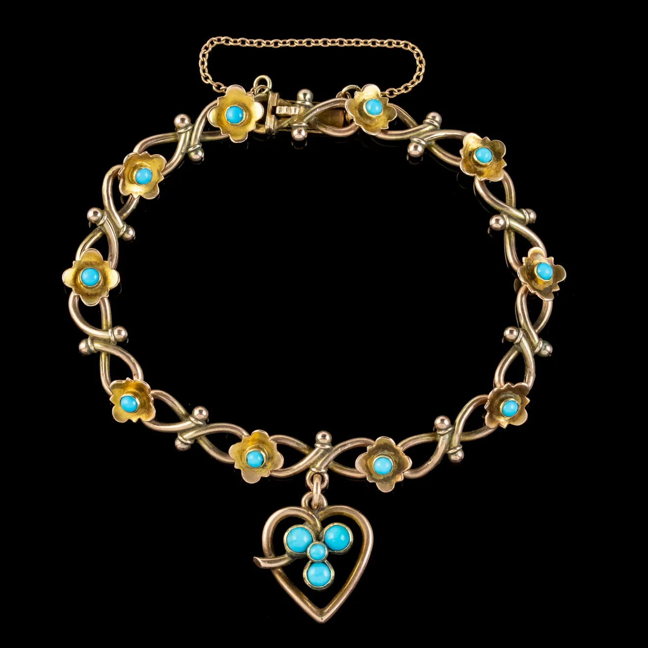 Antique Victorian Turquoise Heart Forget Me Not Bracelet 9ct Gold With Box Circa 1880