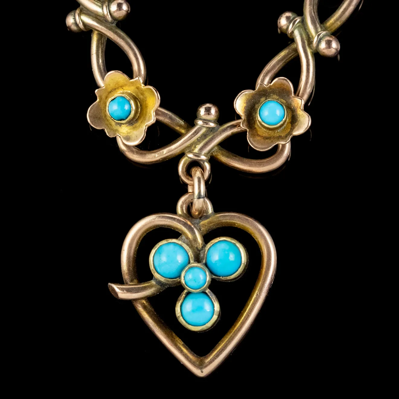 Antique Victorian Turquoise Heart Forget Me Not Bracelet 9ct Gold With Box Circa 1880