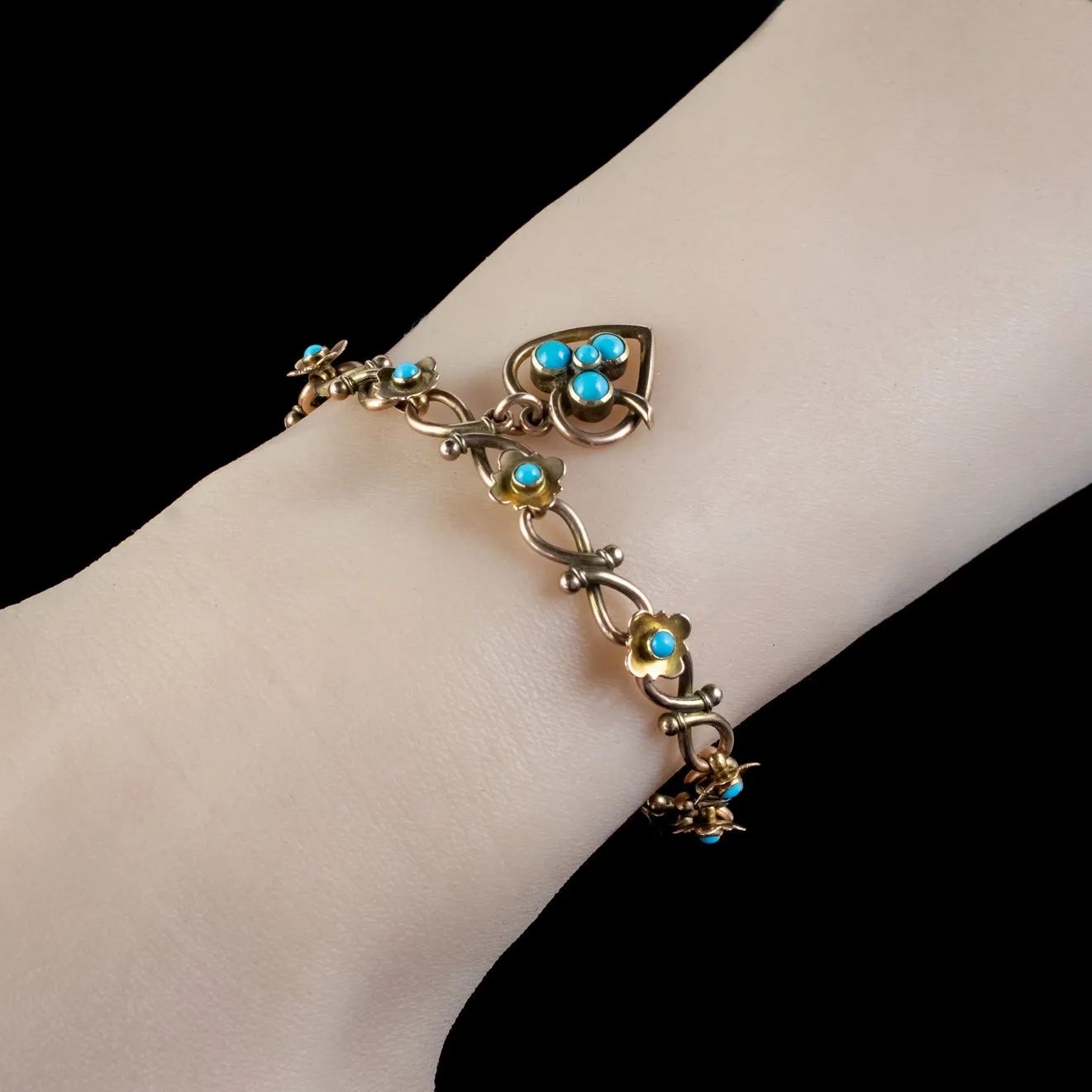 Antique Victorian Turquoise Heart Forget Me Not Bracelet 9ct Gold With Box Circa 1880
