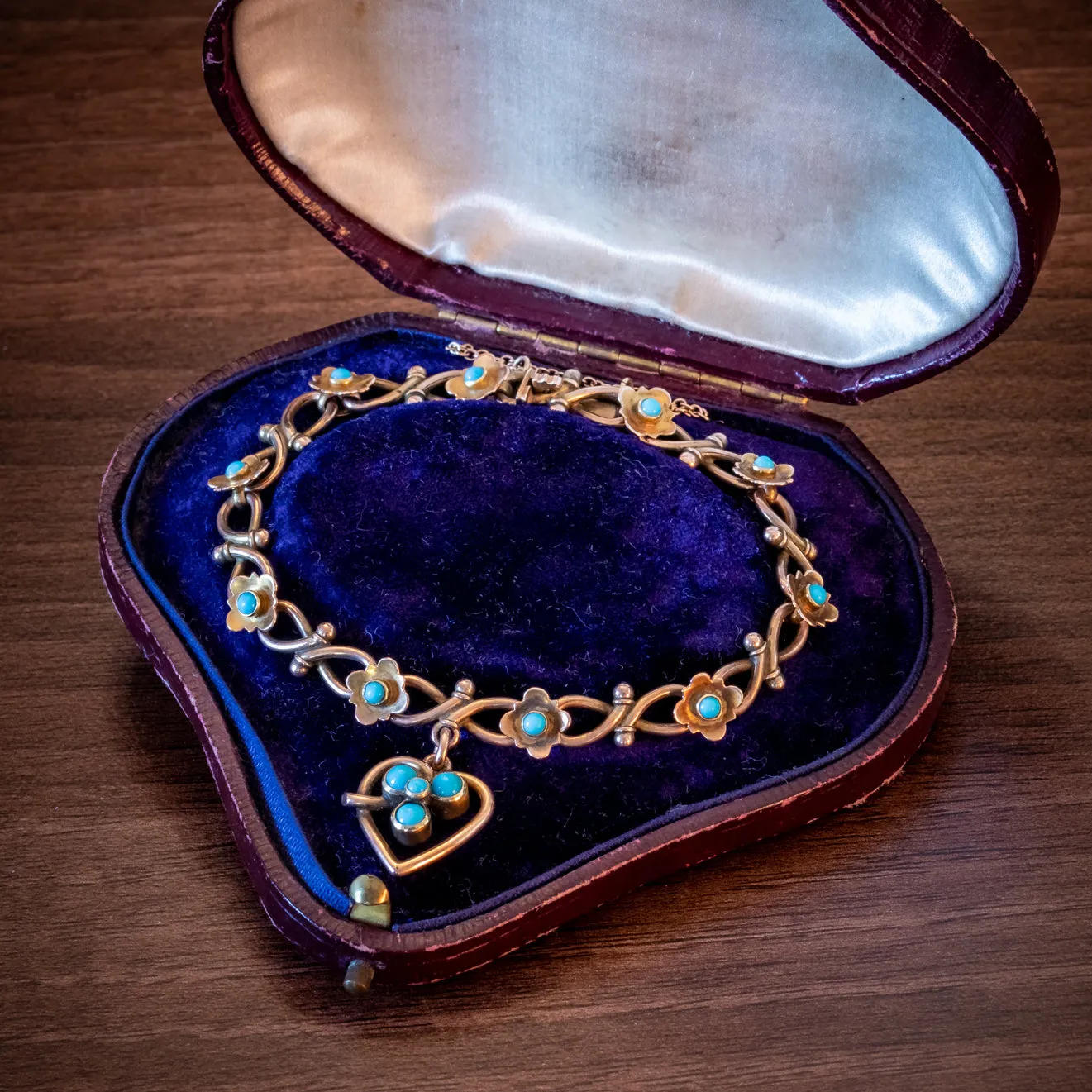 Antique Victorian Turquoise Heart Forget Me Not Bracelet 9ct Gold With Box Circa 1880