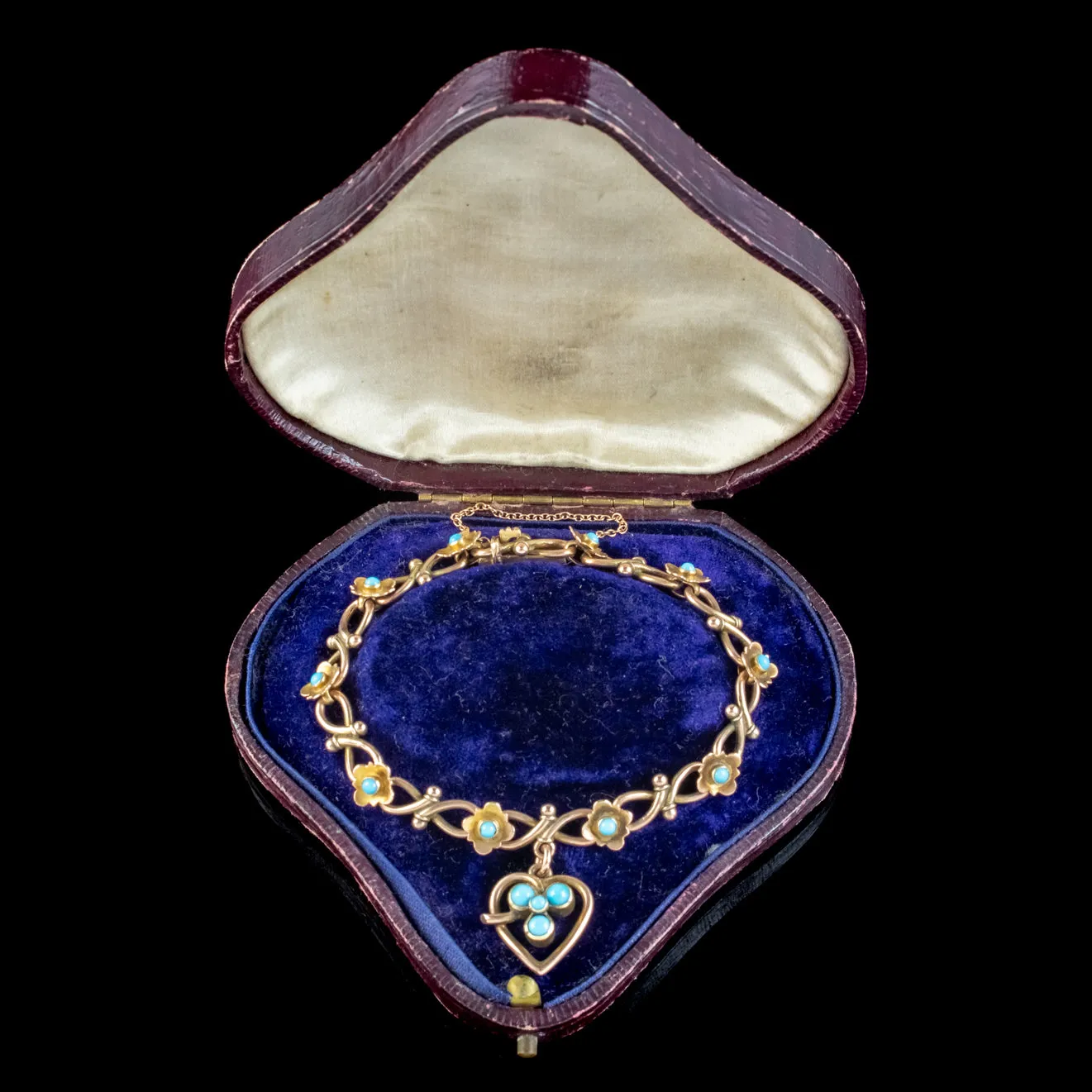 Antique Victorian Turquoise Heart Forget Me Not Bracelet 9ct Gold With Box Circa 1880