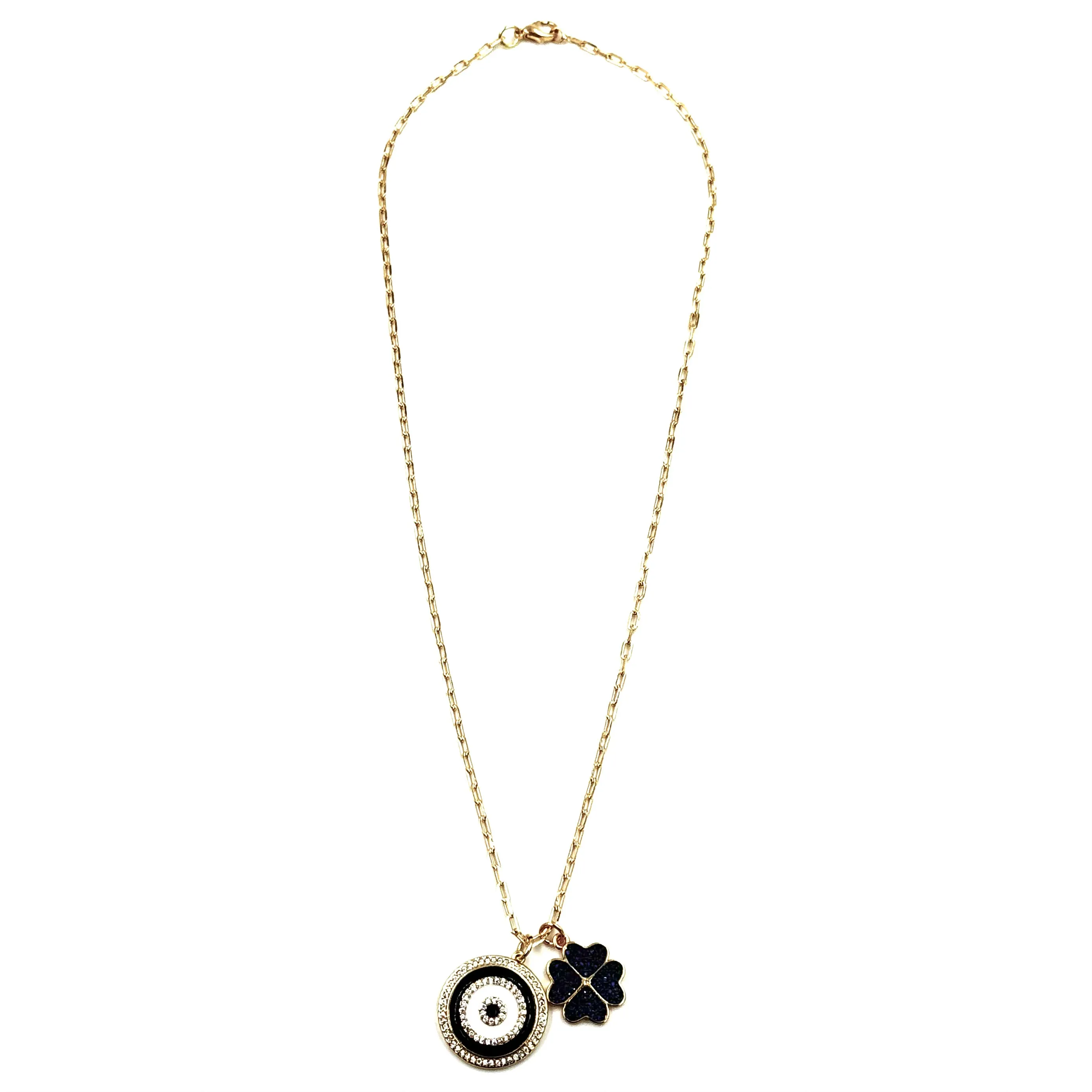 Ashley Gold Stainless Steel Gold Plated CZ And Enamel Evil Eye and 4 Leaf Clover Charm Necklace