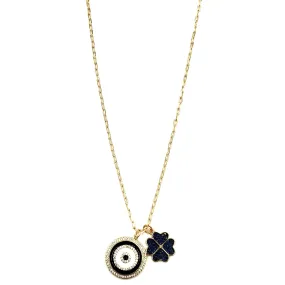 Ashley Gold Stainless Steel Gold Plated CZ And Enamel Evil Eye and 4 Leaf Clover Charm Necklace