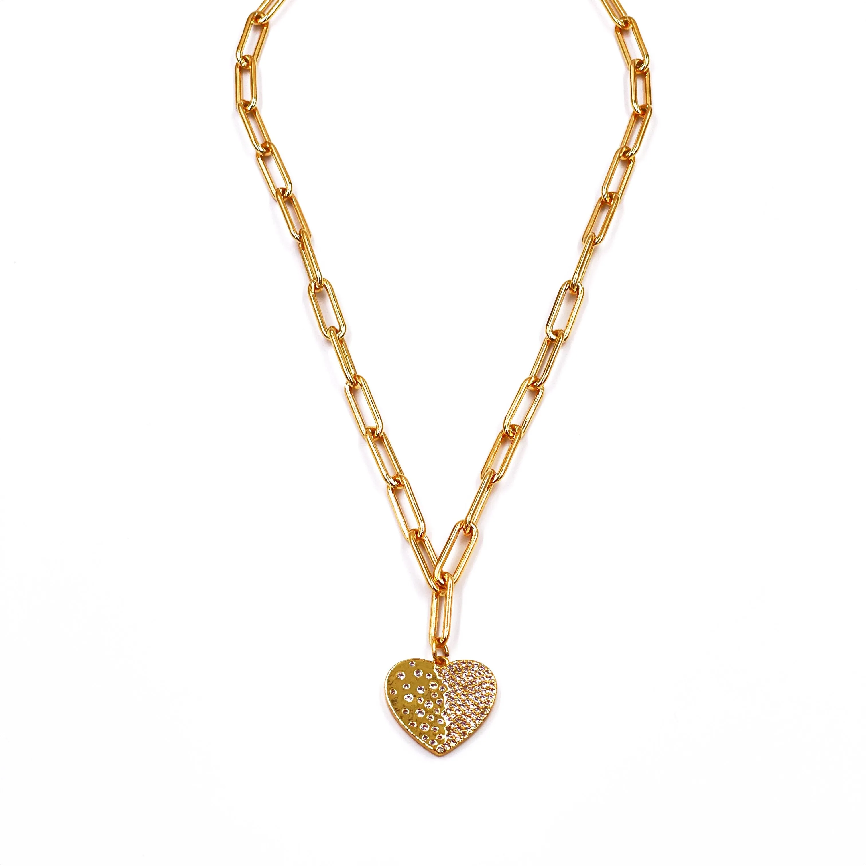 Ashley Gold Stainless Steel Gold Plated Rectangle Link Drop Heart CZ Necklace