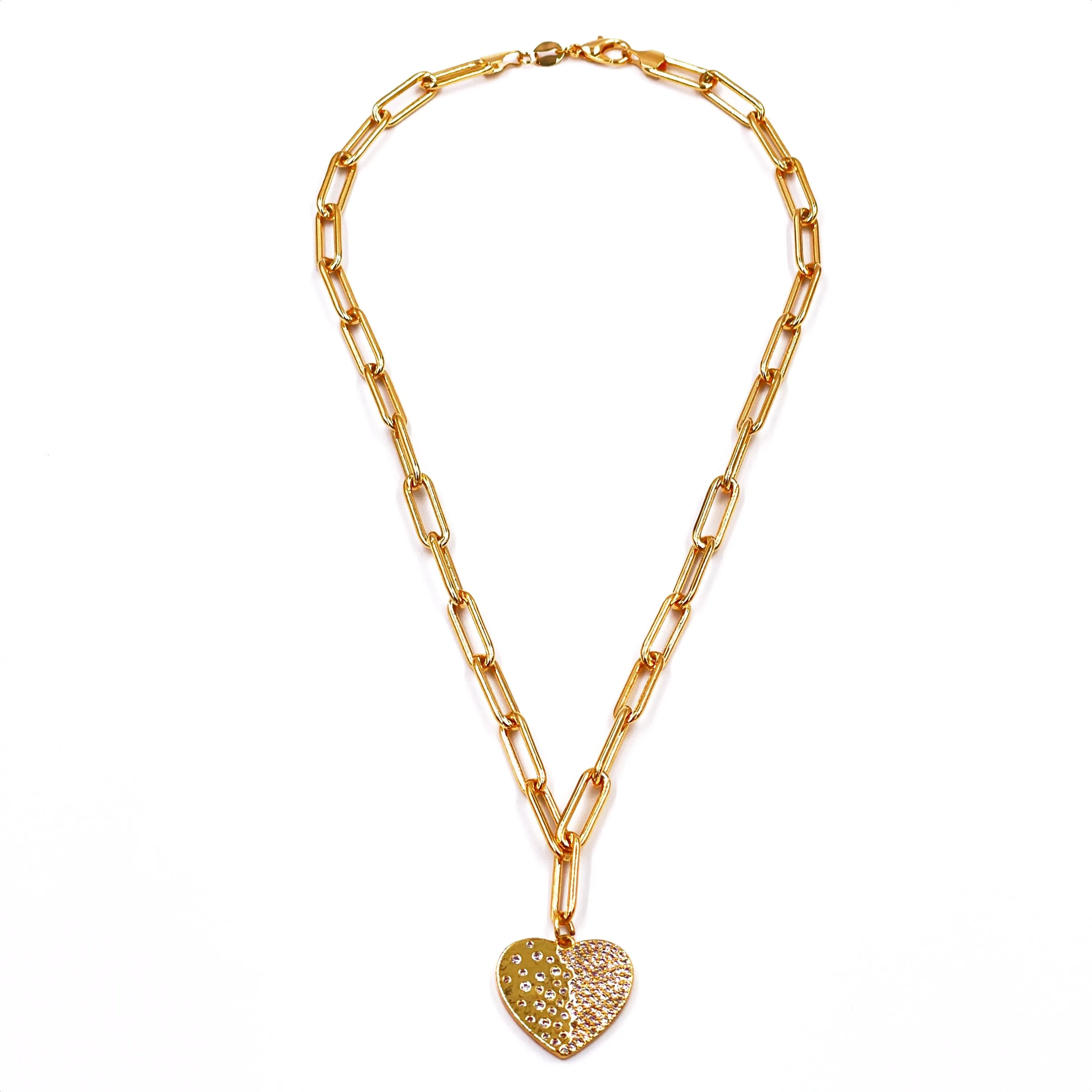 Ashley Gold Stainless Steel Gold Plated Rectangle Link Drop Heart CZ Necklace