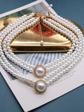 Ashore Shop Double Layer Retro Pearl Imitation Choker Rhinestone Necklace Earrings