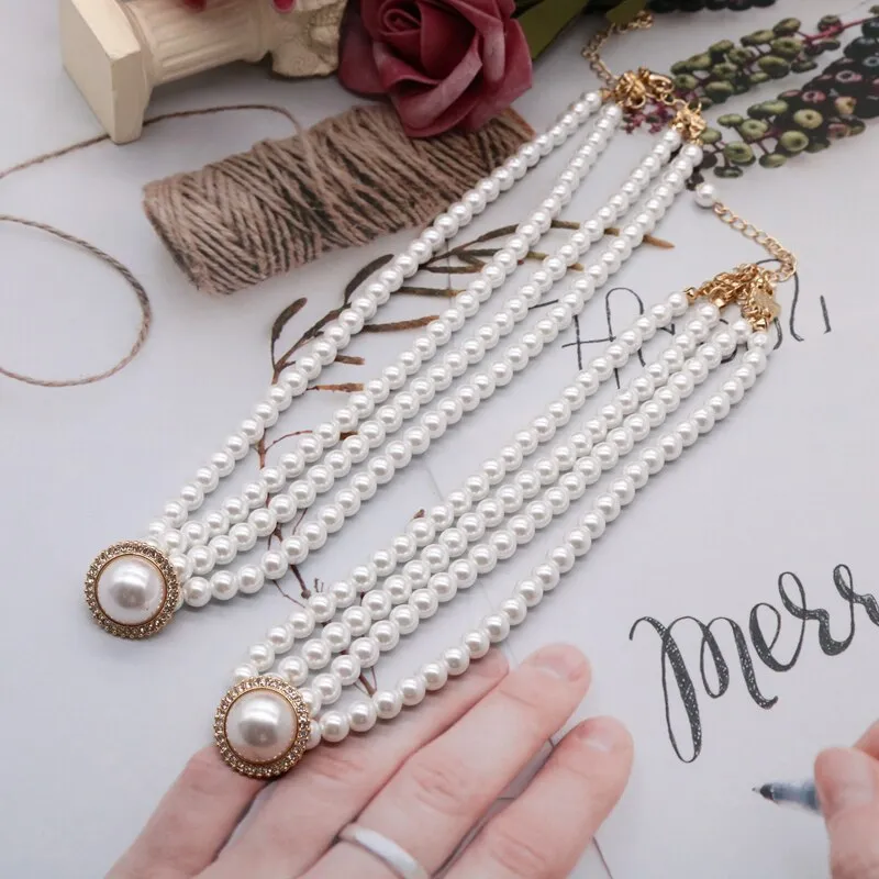 Ashore Shop Double Layer Retro Pearl Imitation Choker Rhinestone Necklace Earrings