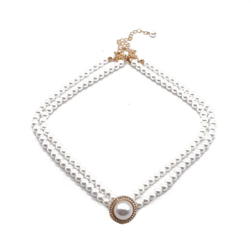 Ashore Shop Double Layer Retro Pearl Imitation Choker Rhinestone Necklace Earrings