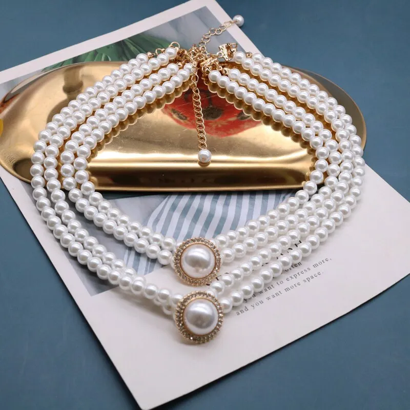 Ashore Shop Double Layer Retro Pearl Imitation Choker Rhinestone Necklace Earrings