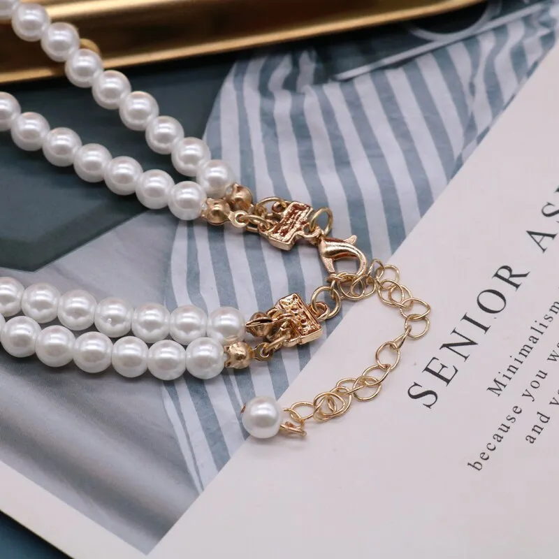 Ashore Shop Double Layer Retro Pearl Imitation Choker Rhinestone Necklace Earrings