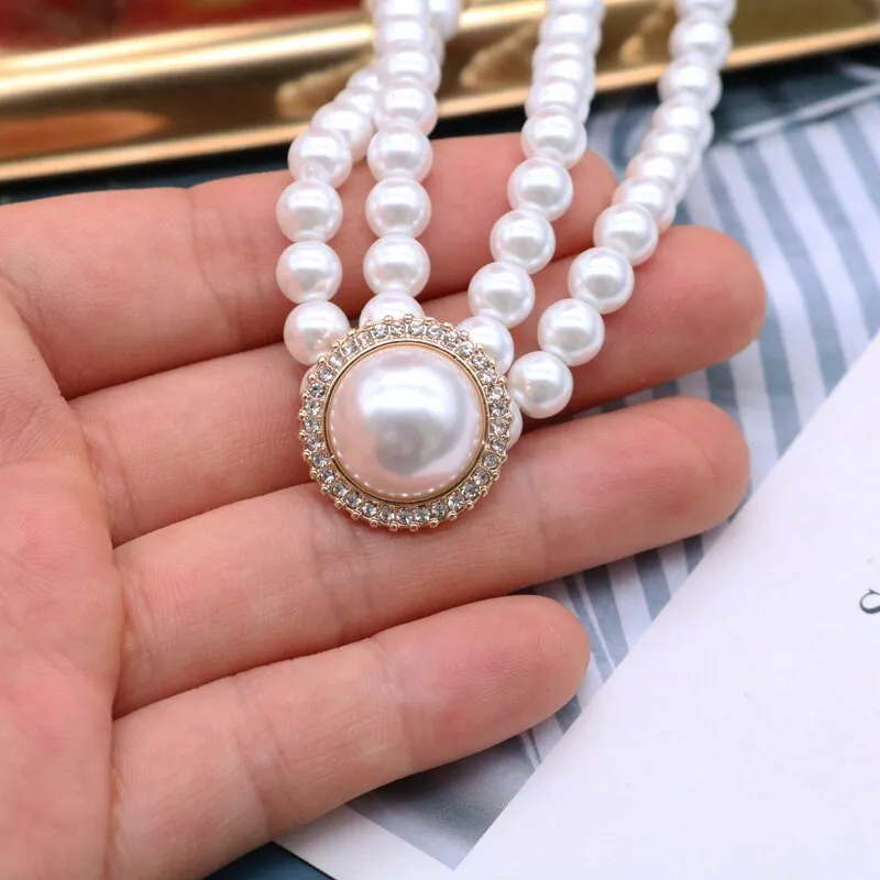 Ashore Shop Double Layer Retro Pearl Imitation Choker Rhinestone Necklace Earrings