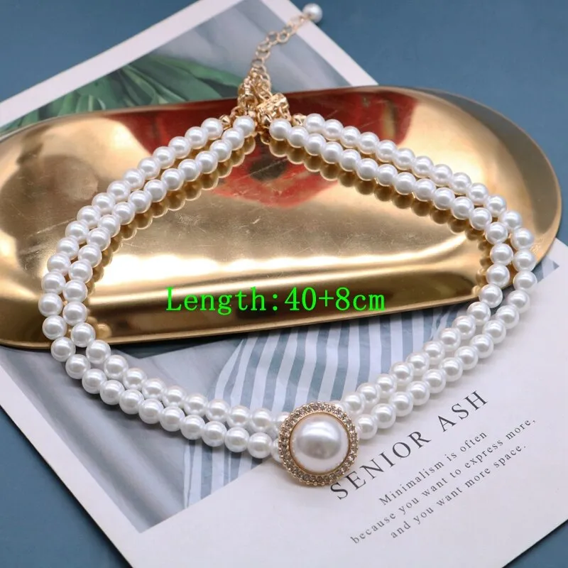 Ashore Shop Double Layer Retro Pearl Imitation Choker Rhinestone Necklace Earrings