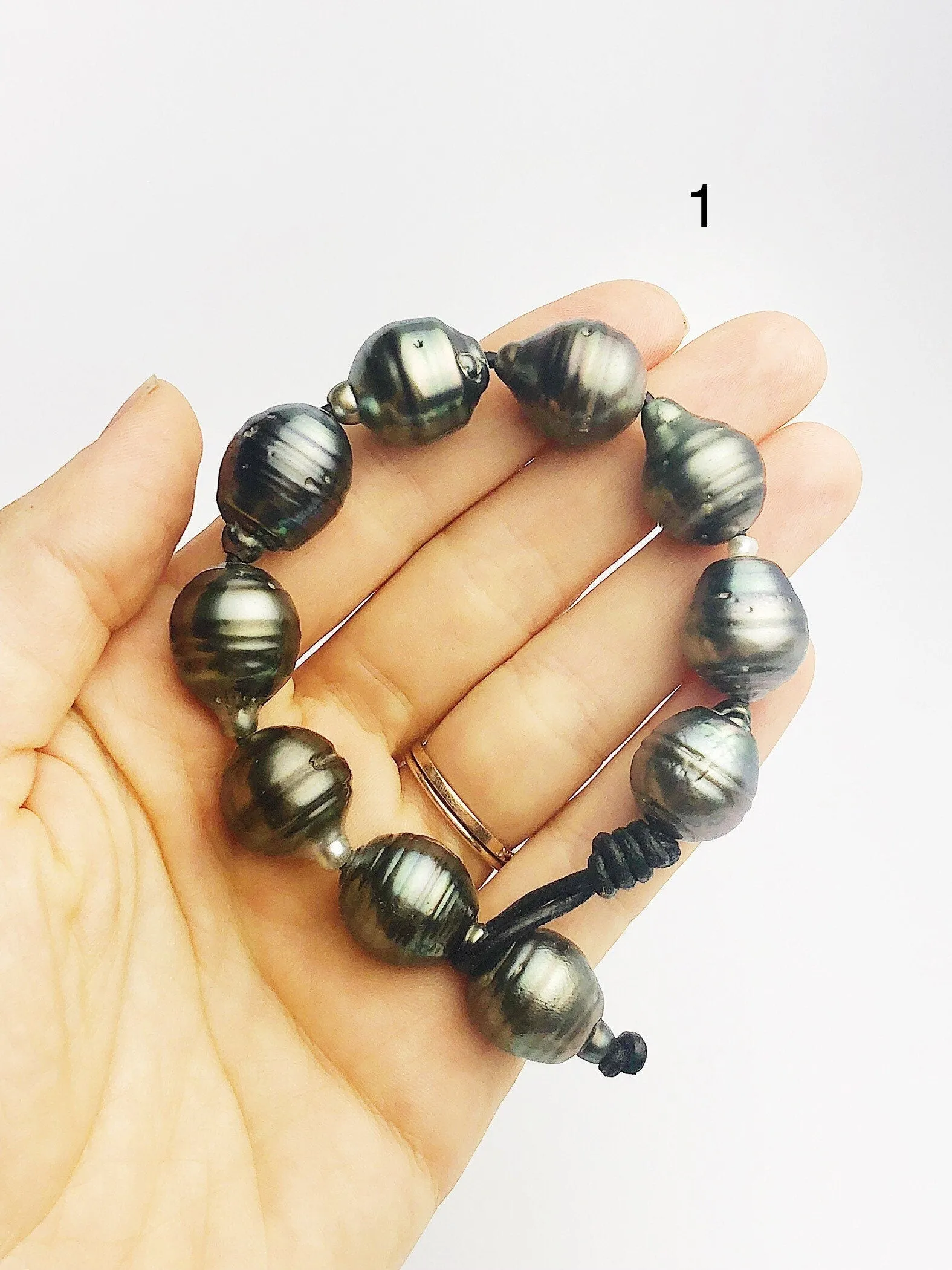 BIG Tahitian Pearl Bracelet on Leather - 16mm to 14mm (399 No. 1-3)