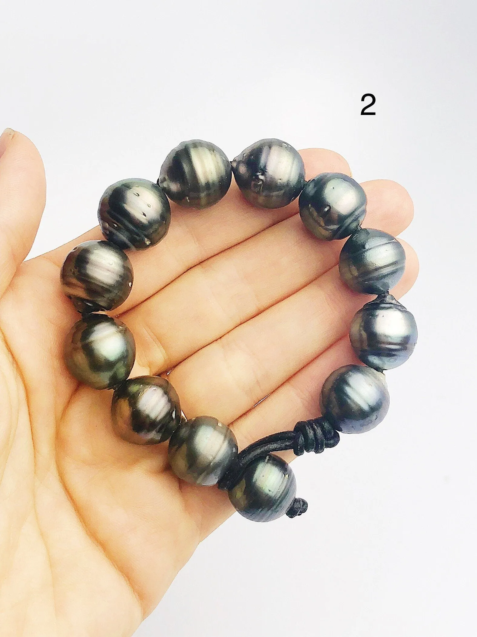 BIG Tahitian Pearl Bracelet on Leather - 16mm to 14mm (399 No. 1-3)