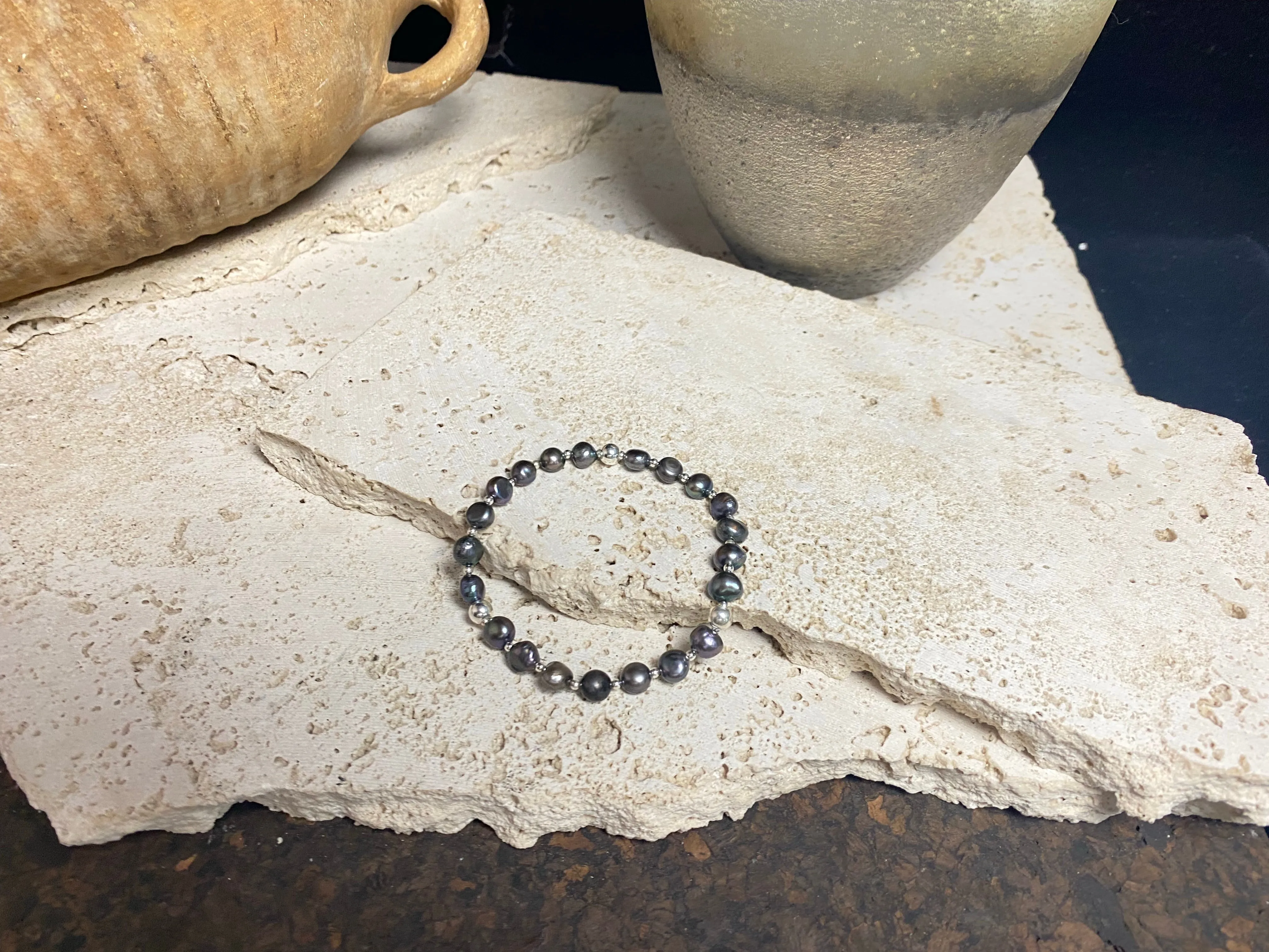 Black Freshwater Pearl And Silver Bracelet