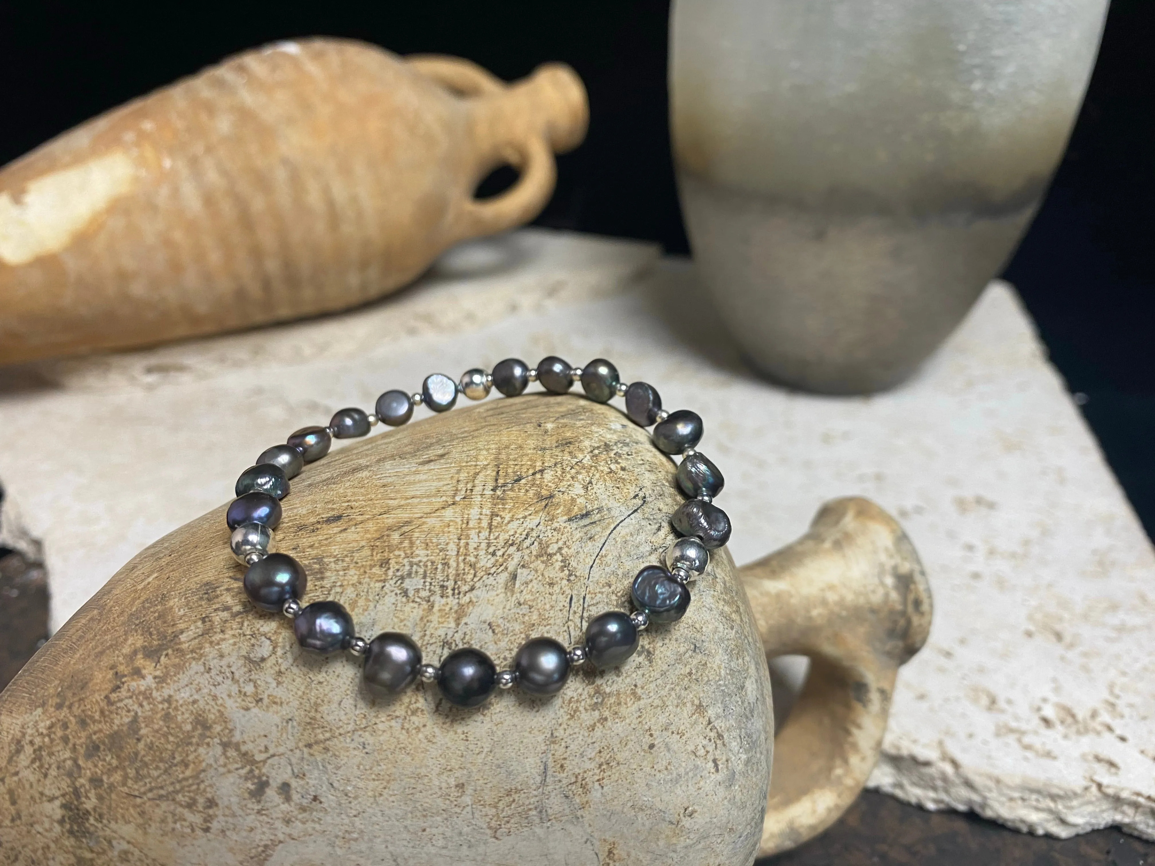 Black Freshwater Pearl And Silver Bracelet