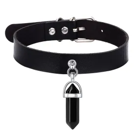 Black Vegan Leather Collar w/ Single Black Crystal