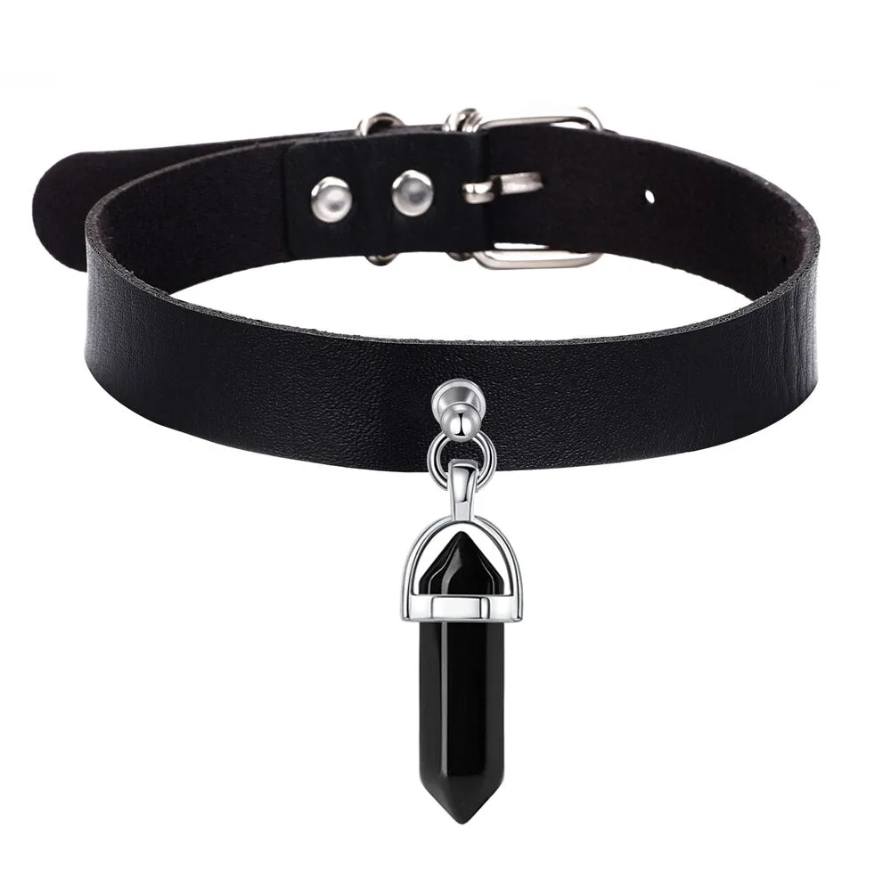 Black Vegan Leather Collar w/ Single Black Crystal
