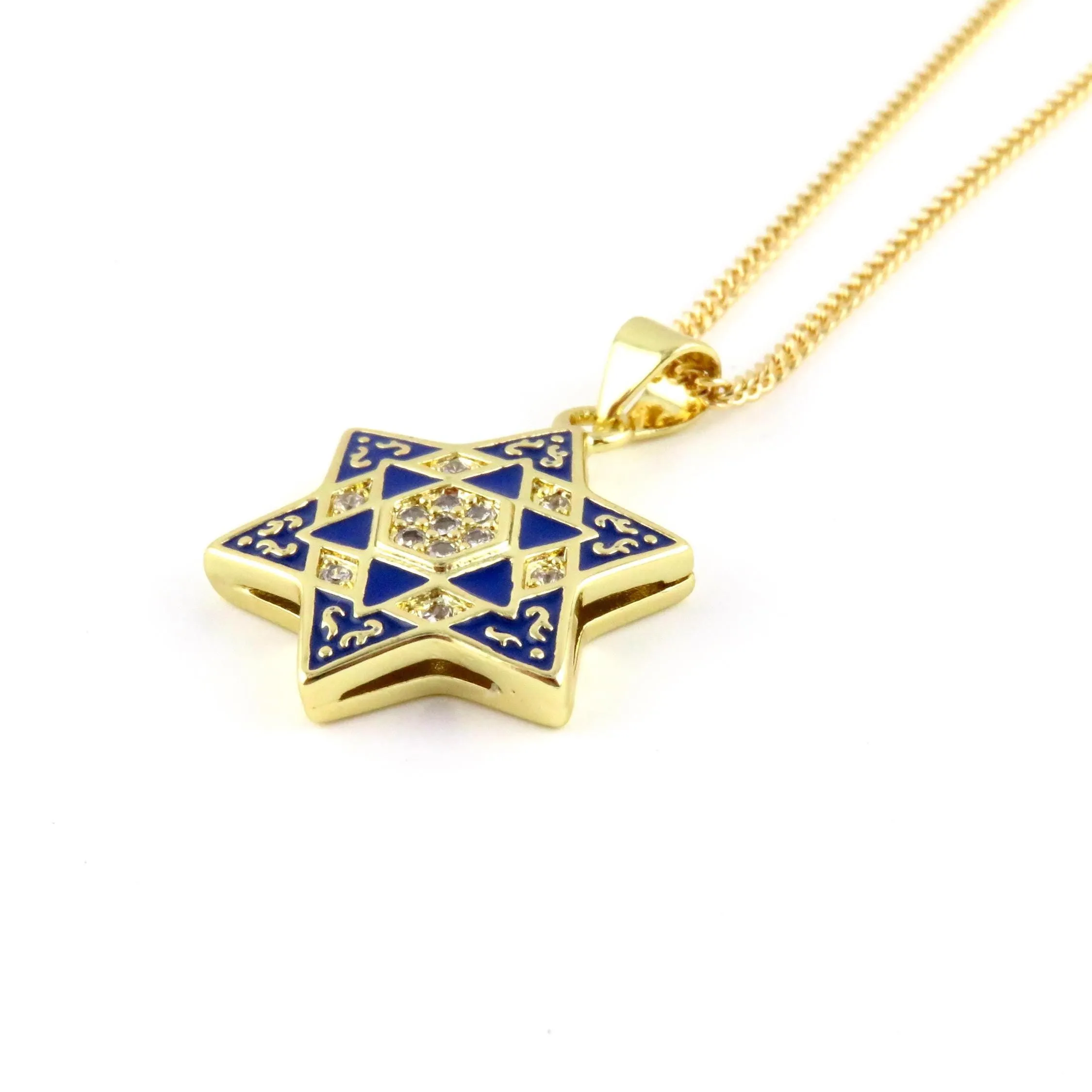 Blue Gold Enamel Star of David Necklace