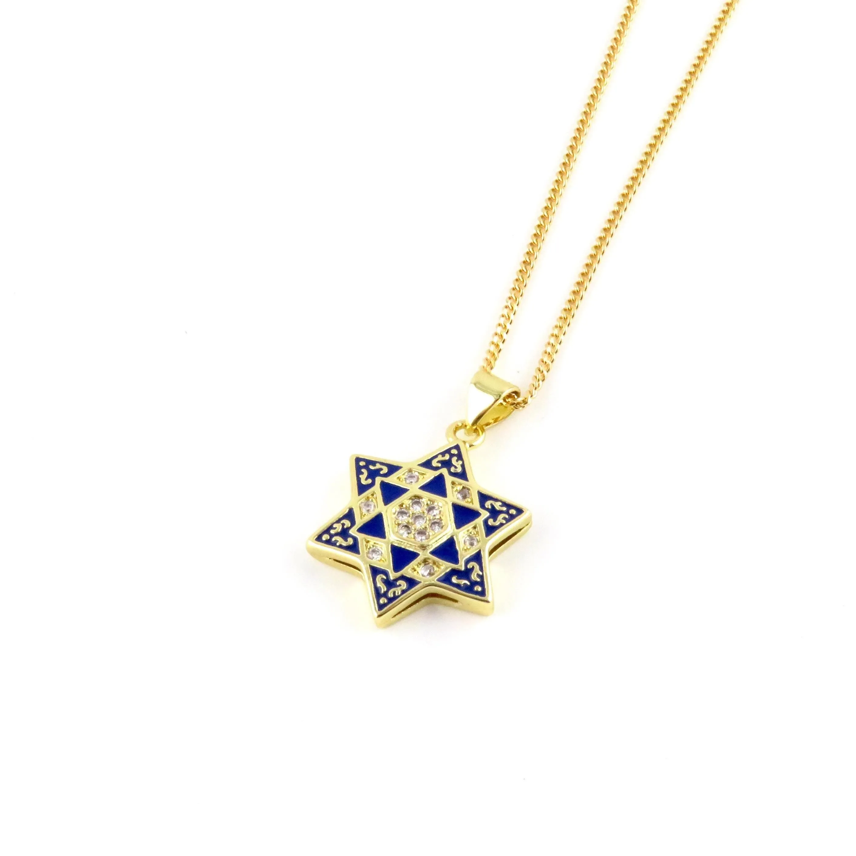 Blue Gold Enamel Star of David Necklace