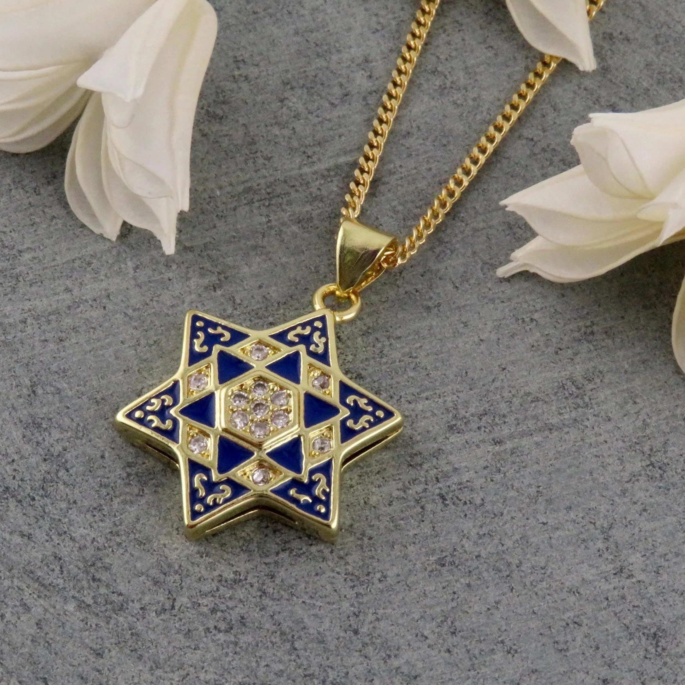 Blue Gold Enamel Star of David Necklace