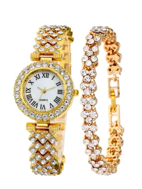Business All-Match Luxury Diamond-Embedded Starry Sky Elegant Quartz Watch Set with Diamond Hands