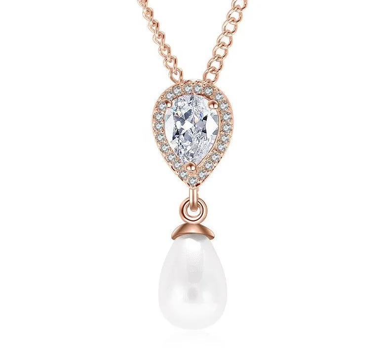 Celeste Pear Pearl & Crystal Halo Bridal Pendant Necklace