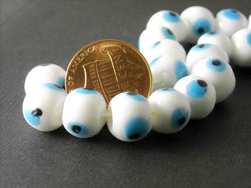 Center-drilled Evil Eye White Lampwork Bead, 10mm diameter - 20 pieces