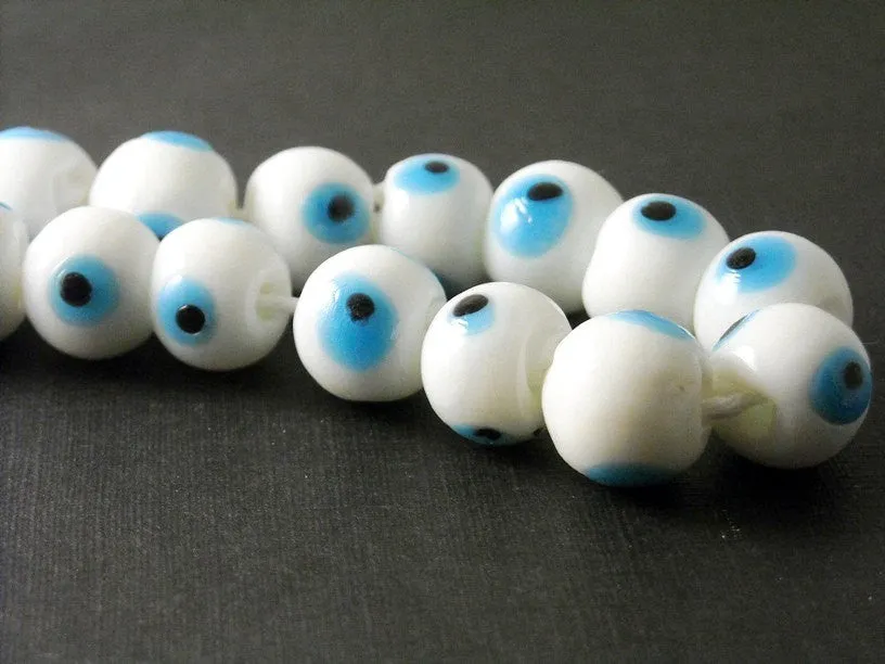 Center-drilled Evil Eye White Lampwork Bead, 10mm diameter - 20 pieces