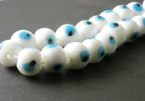 Center-drilled Evil Eye White Lampwork Bead, 10mm diameter - 20 pieces