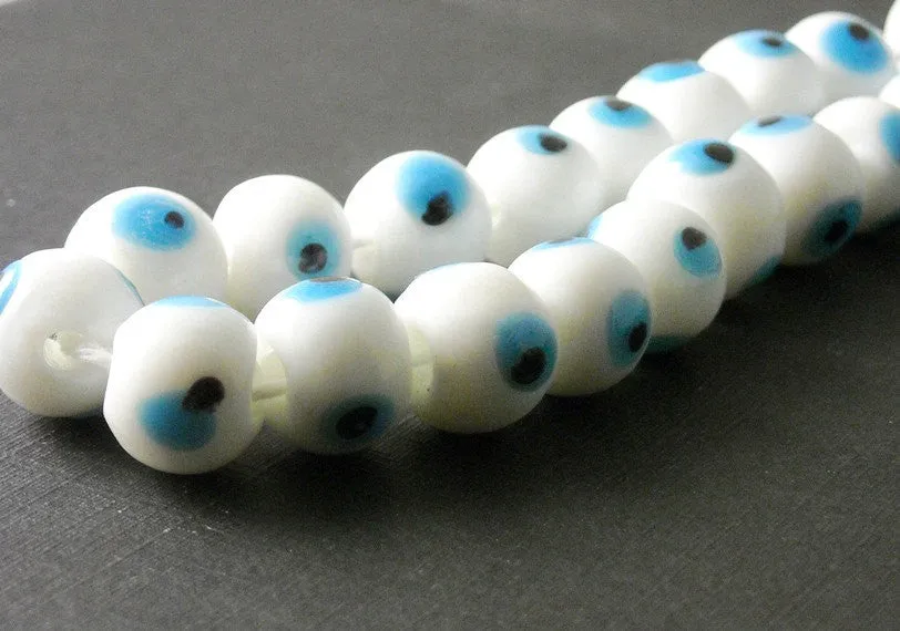 Center-drilled Evil Eye White Lampwork Bead, 10mm diameter - 20 pieces