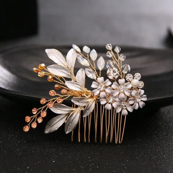 Champagne Crystal Bead Floral Bride Headband Hair Comb Wedding Accessories