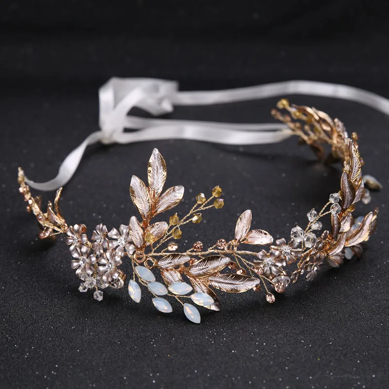Champagne Crystal Bead Floral Bride Headband Hair Comb Wedding Accessories