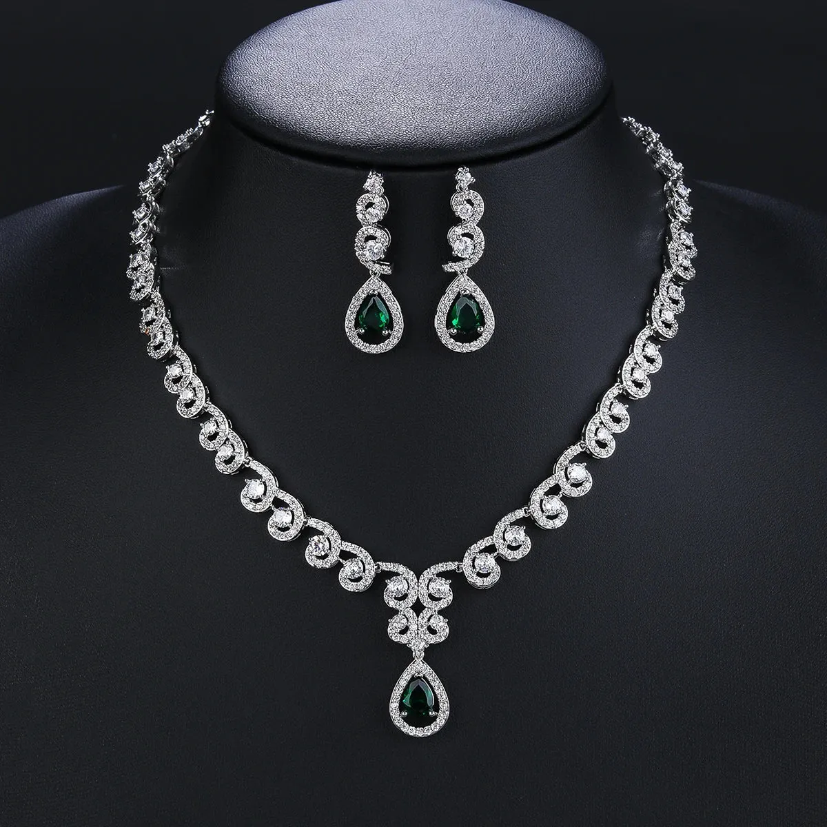 Classic Full 3A Cubic Zirconia Leaves Bridal Wedding Necklace Earring Set Women Prom Party Jewelry Sets CN10312