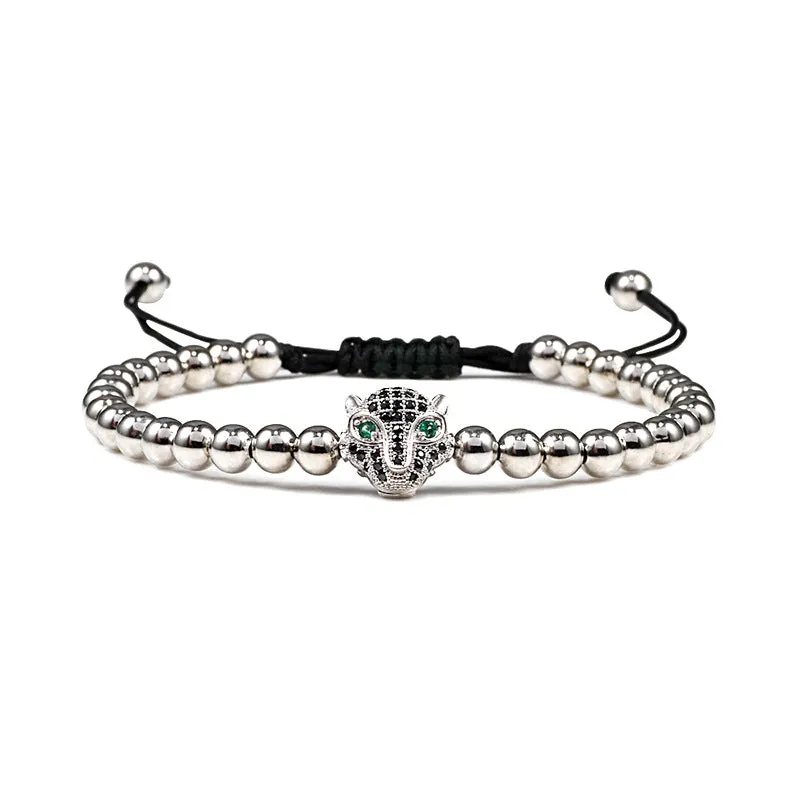Copper Bead Braided Micro-inlaid Leopard Head Bracelet