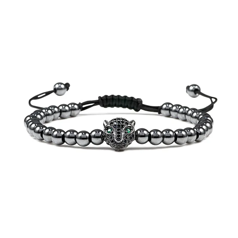 Copper Bead Braided Micro-inlaid Leopard Head Bracelet