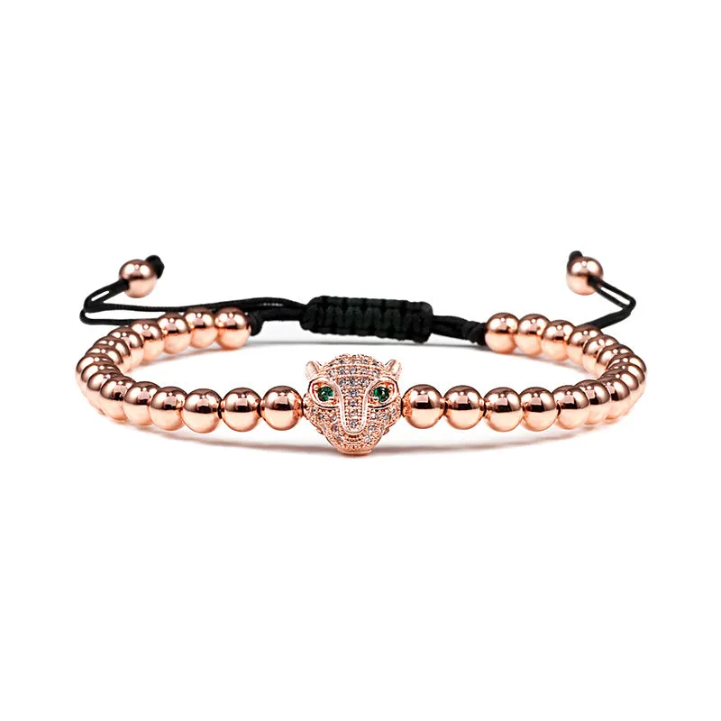 Copper Bead Braided Micro-inlaid Leopard Head Bracelet