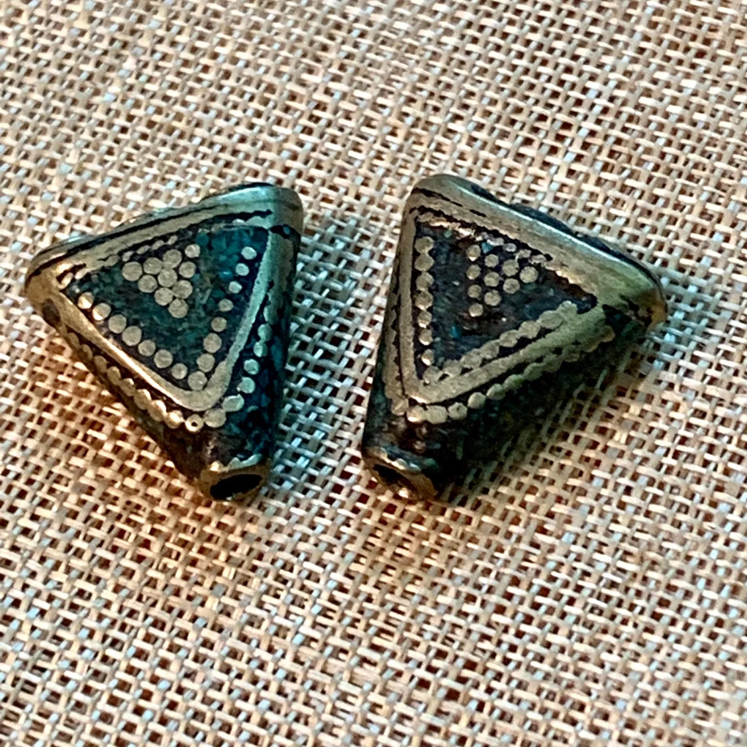 Crushed Turquiose & Brass 3-1 Cone Bead , Nepal