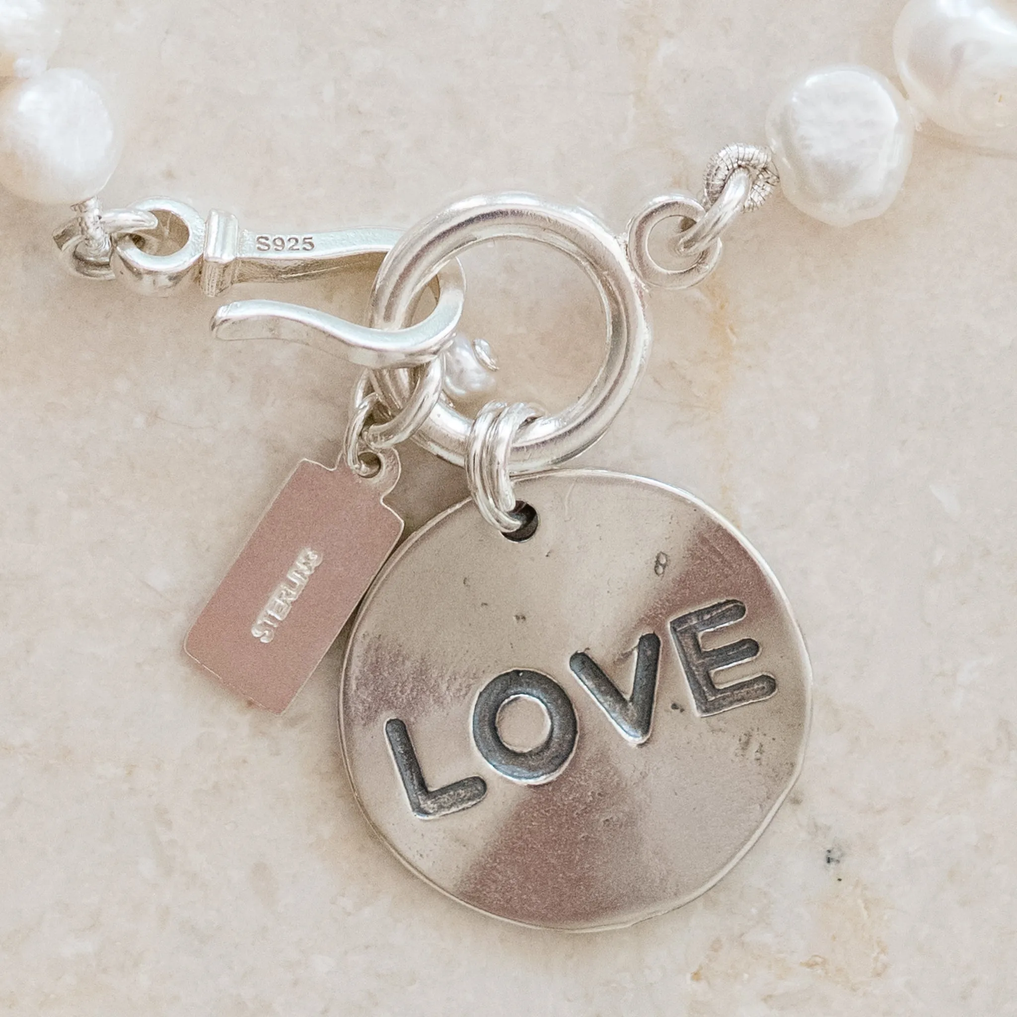 Cupid Pearl Bracelet | Freshwater Nuggets & Sterling Silver LOVE Disc | By Pearly Girls
