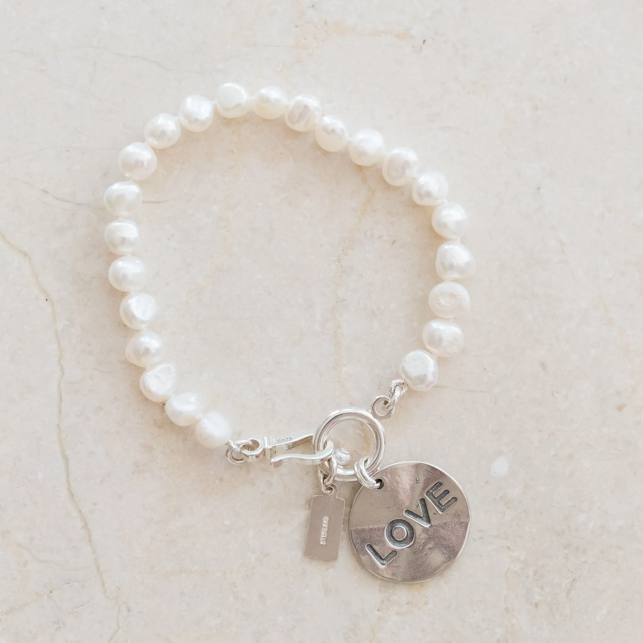 Cupid Pearl Bracelet | Freshwater Nuggets & Sterling Silver LOVE Disc | By Pearly Girls
