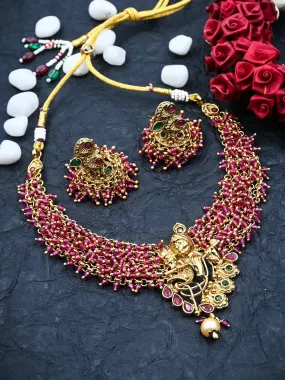 Divine Gold Plated Radha-Krishna Red Hydra Beads Necklace Set