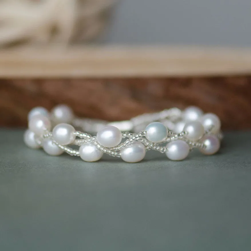 Double Rows Handbeaded Rice Freshwater Pearls Wedding Bracelet, Bridal, Bridesmaids