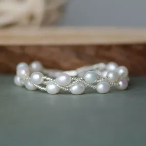 Double Rows Handbeaded Rice Freshwater Pearls Wedding Bracelet, Bridal, Bridesmaids